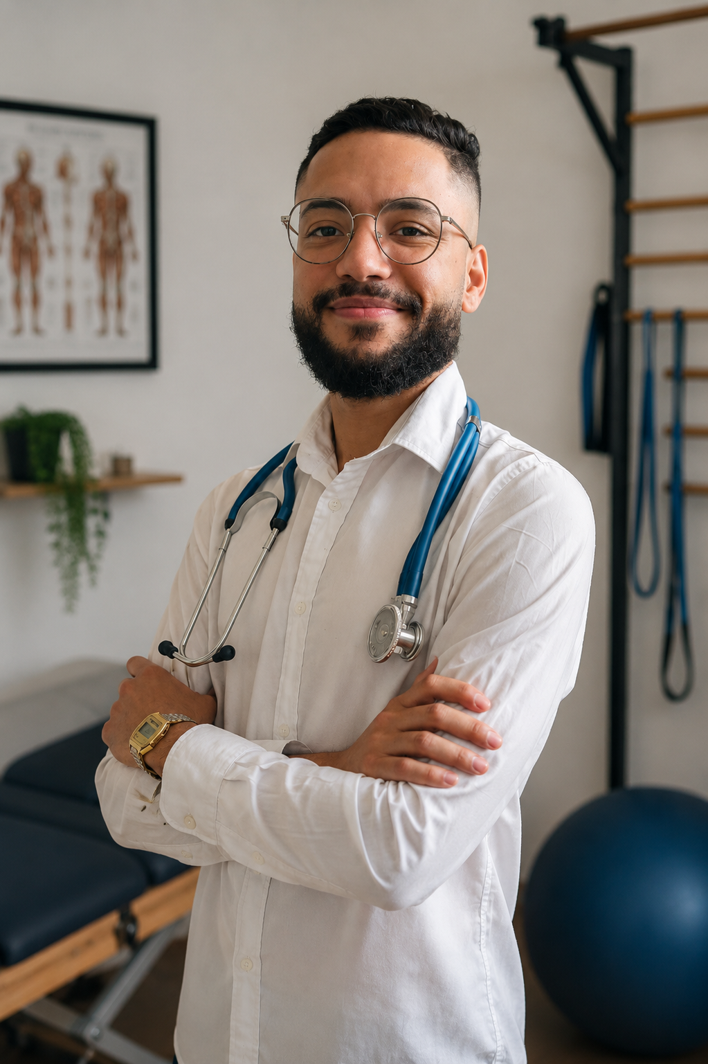 Rodrigo, fisioterapeuta, em ambiente clínico